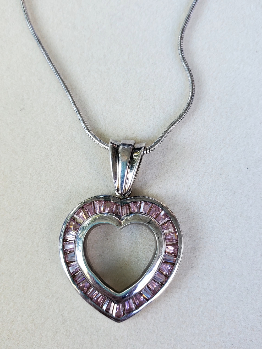 Sterling Silver Heart Pendant Necklace with Pink Baguette Stones | Snake Chain